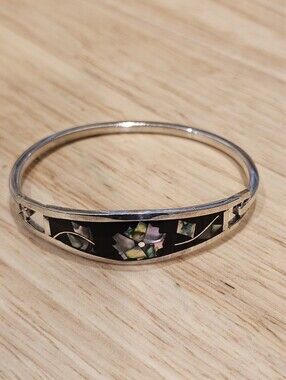Silver Abalone Inlay Bangle Bracelet - Multicolor